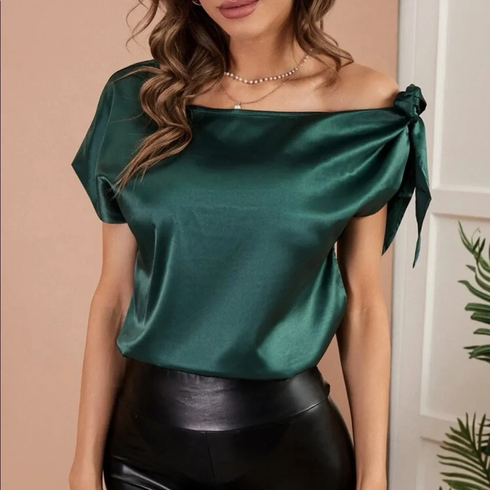 Green Elegant Off shoulder Asymmetrical Neck Tie Office Work Satin Blouse Top - Picture 1 of 16